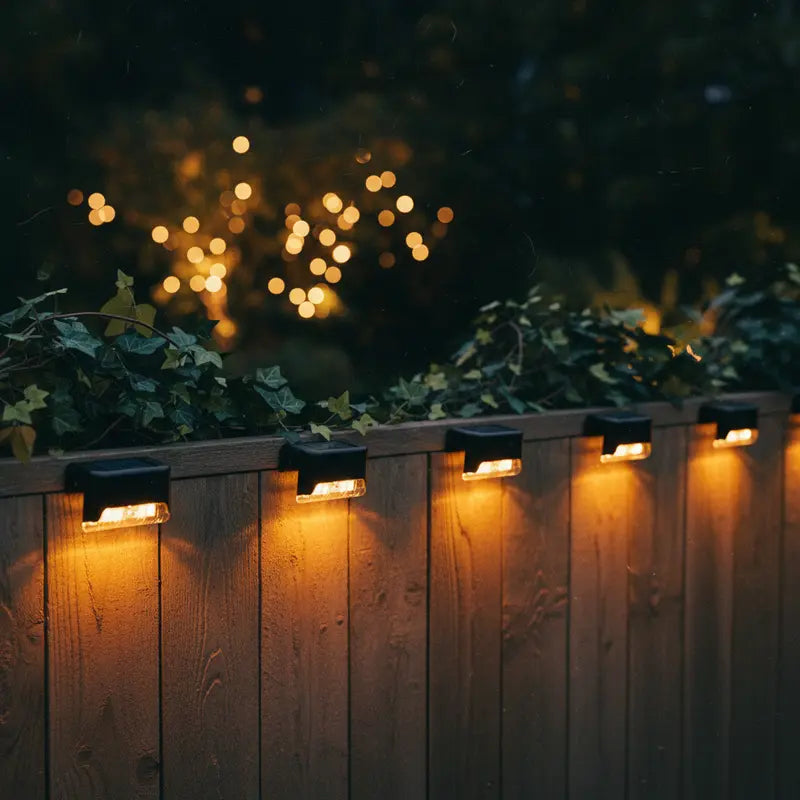 Outdoor lighting fixtures on a wooden fence with a blurred bokeh effect in the background.