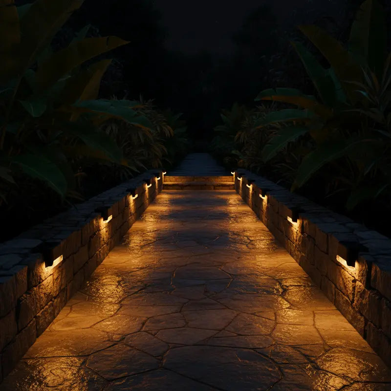 Lighted stone pathway through a garden at night
