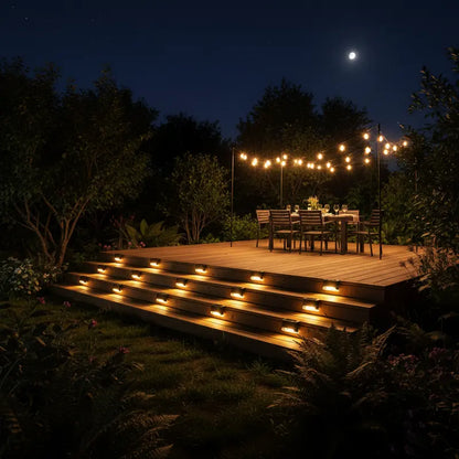 Wooden deck with string lights and outdoor furniture at night