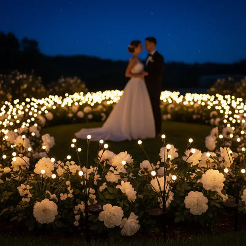 Couple embracing in a garden at night with string lights and white flowers.