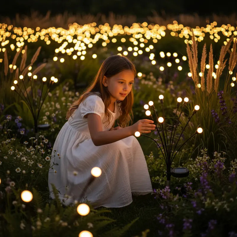 Young girl in a white dress sitting among illuminated plants at night.