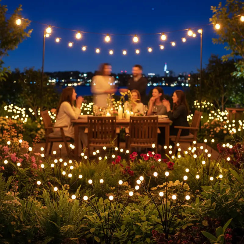 People dining outdoors at night with string lights and a cityscape in the background