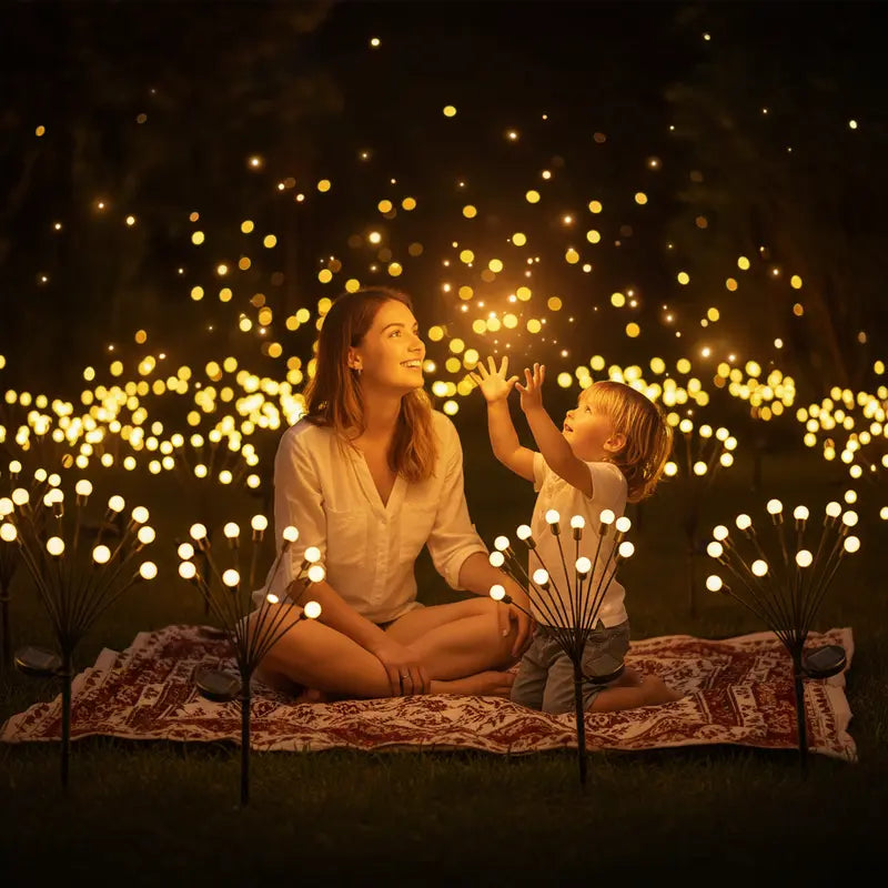 Woman and child sitting on a blanket surrounded by decorative lights in a dark setting