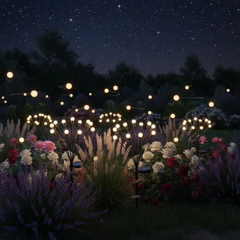 Garden at night with string lights illuminating flowers and plants against a starry sky.