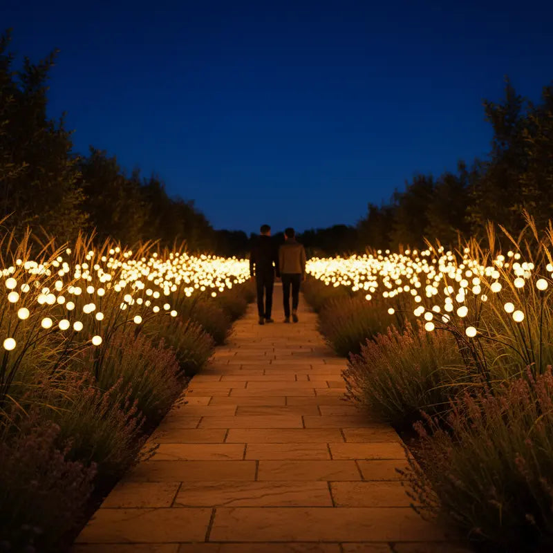 Two people walking along a path illuminated by string lights in a garden at night.