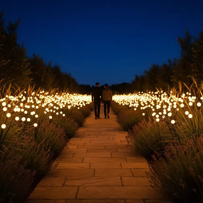 Two people walking along a path illuminated by string lights in a garden at night.