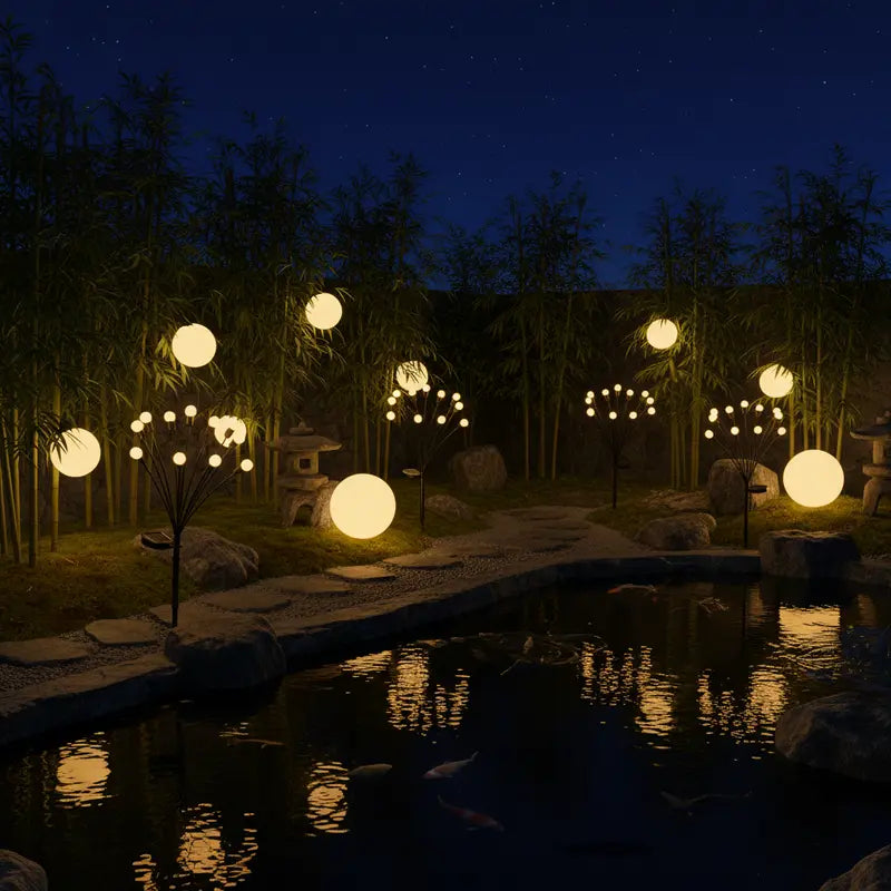 Glowing spherical lights in a garden setting with water and bamboo