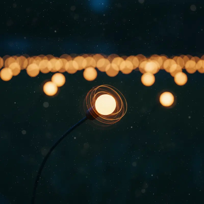 Close-up of a glowing light bulb with blurred string lights in the background