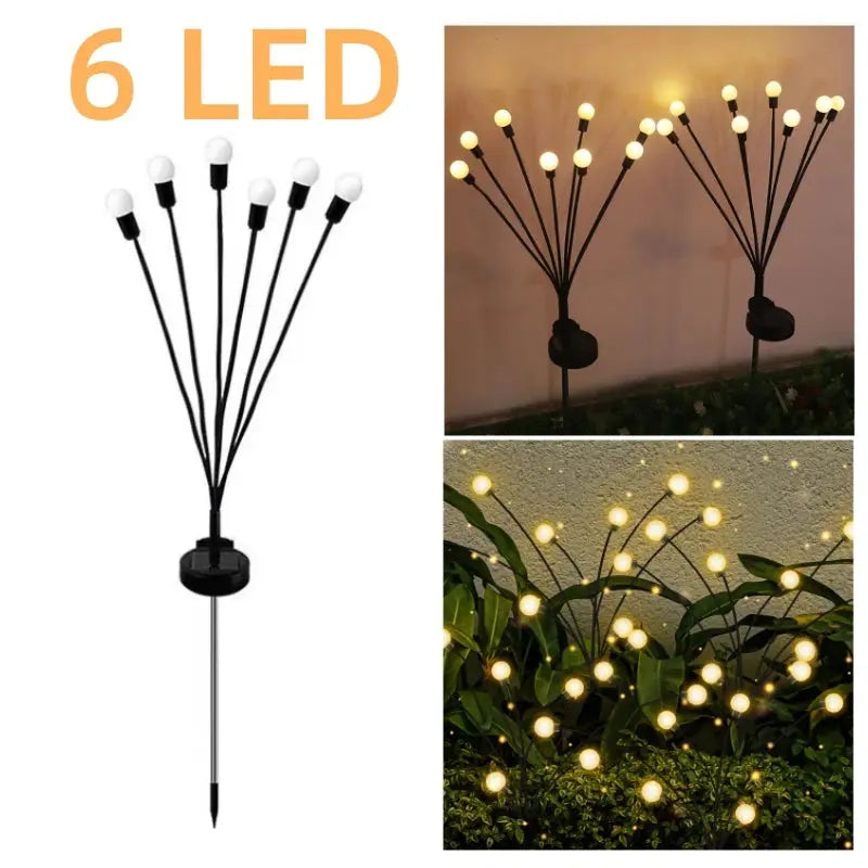 Solar-powered LED string lights with 6 LEDs, shown in use on plants.