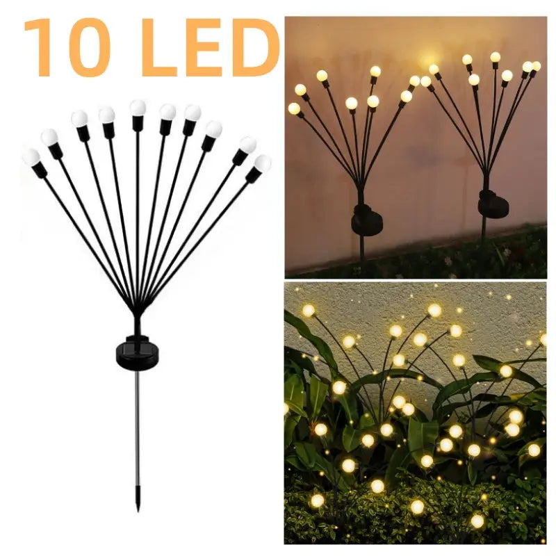 Solar garden light with 10 LED bulbs, shown in use on plants.