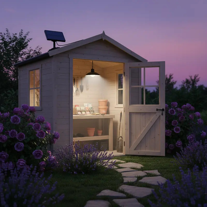 Wooden shed with solar panel at dusk surrounded by flowers