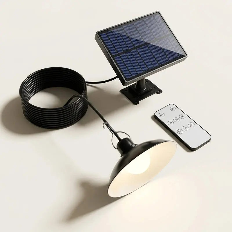 Solar-powered outdoor light fixture with remote control on a white background
