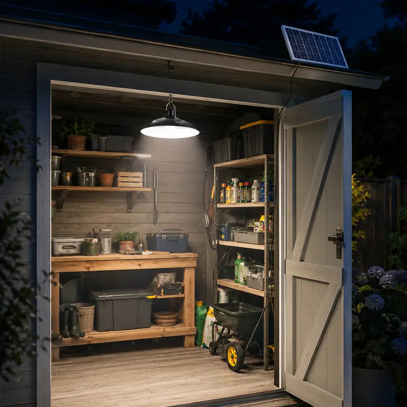 Open shed with solar panel and lighting inside, containing gardening tools and supplies.