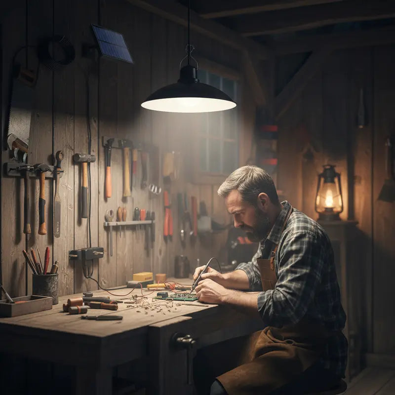 Man working in a dimly lit workshop with tools and equipment around.