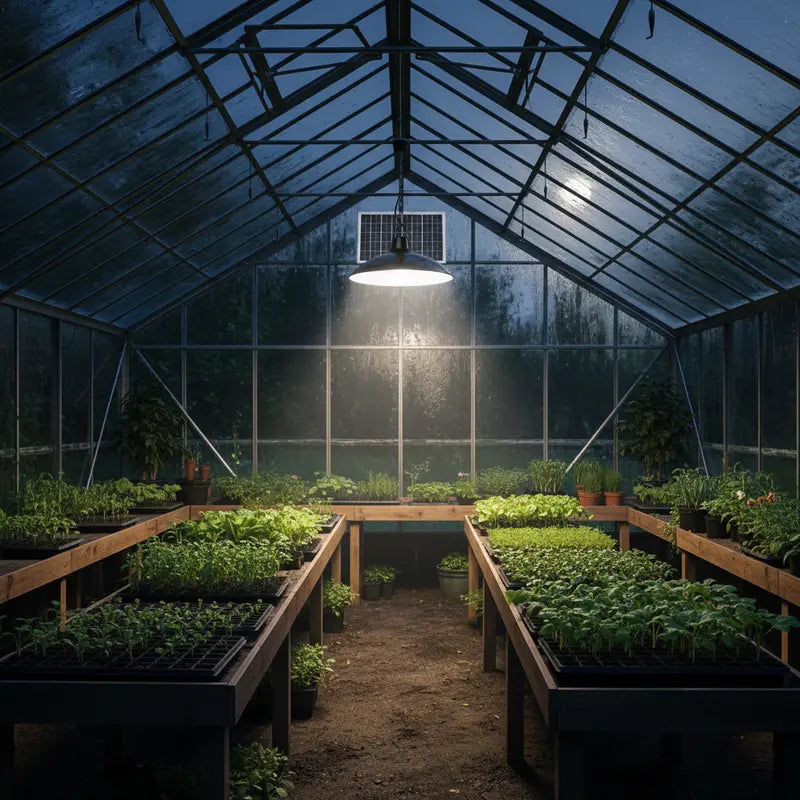 Greenhouse with plants under a single hanging light