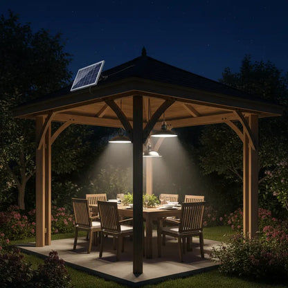 Wooden gazebo with solar panel and outdoor furniture under night sky