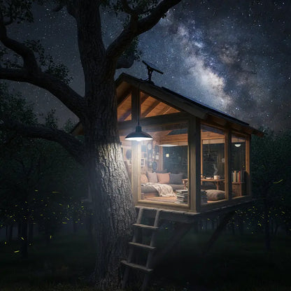 Treehouse with interior lights on under a starry night sky