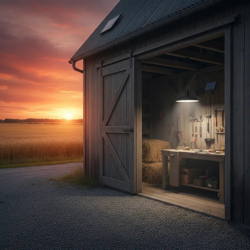 Wooden shed with open door, interior lit by lamp, sunset outside