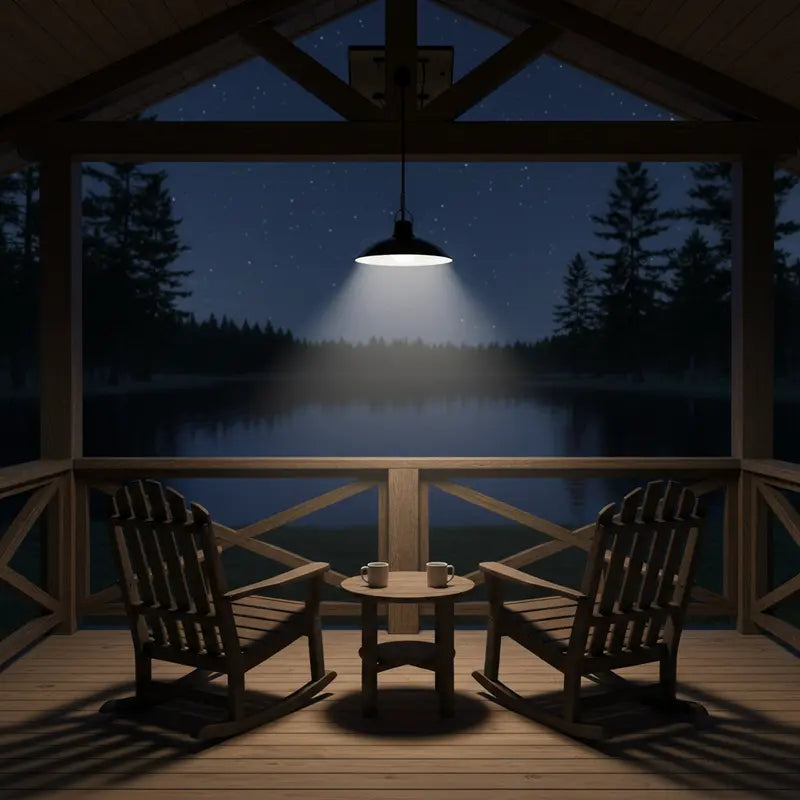 Wooden porch with rocking chairs and a small table under a starry night sky over a lake.