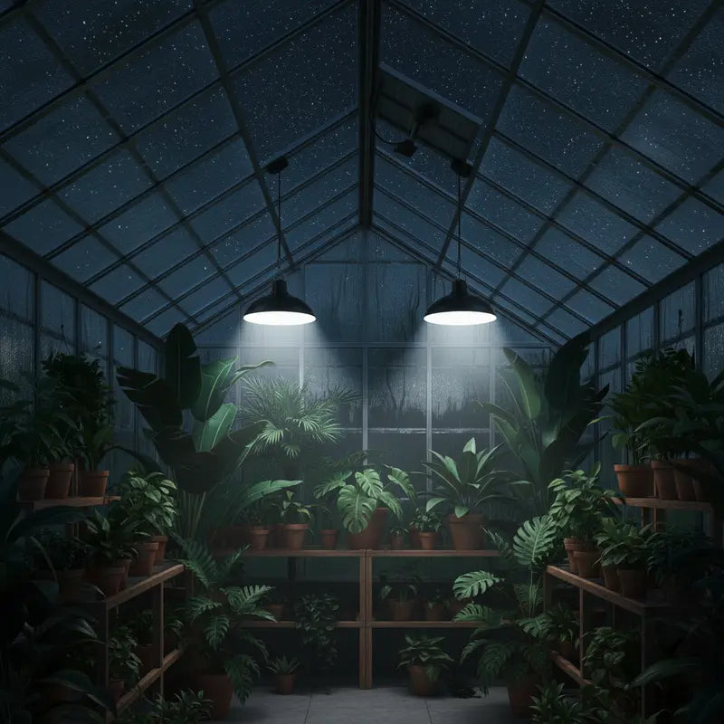Greenhouse interior with plants under artificial lights at night