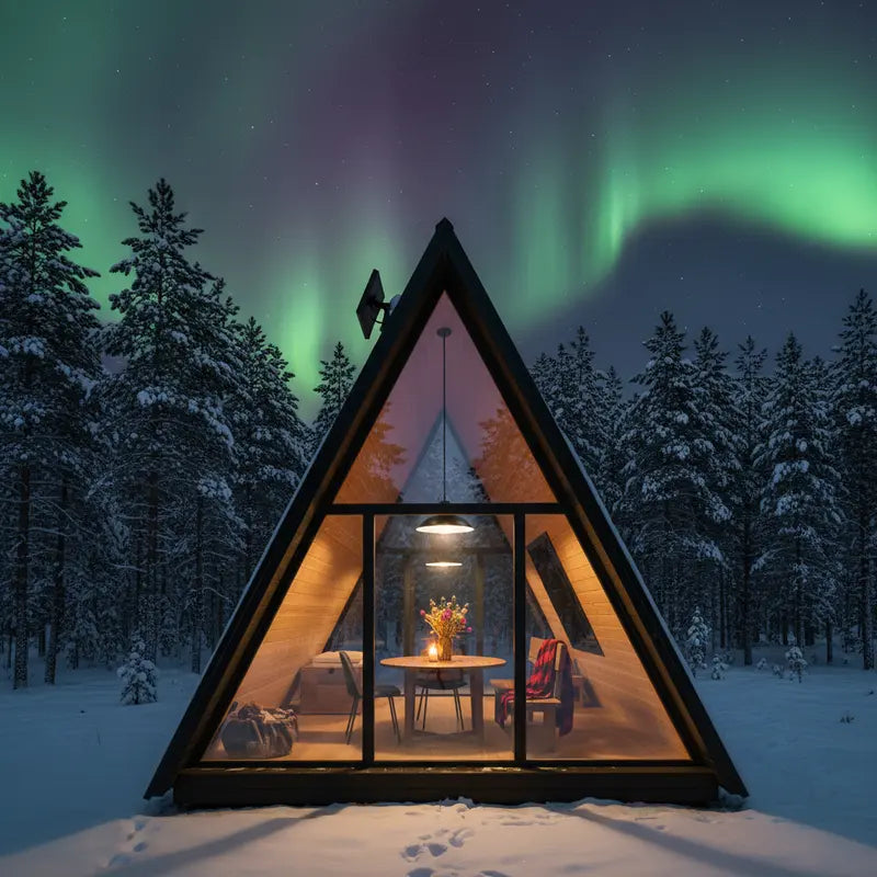 A-frame cabin in a snowy forest with the Northern Lights in the sky