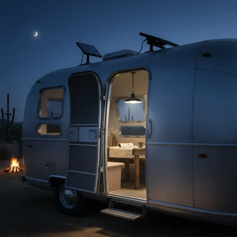 Vintage-style airstream trailer in a desert setting with open doors, moonlit sky, and campfire.