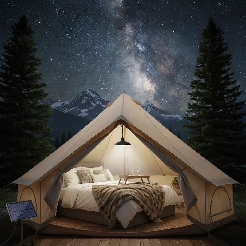 Luxury tent with interior view under a starry night sky with mountains.