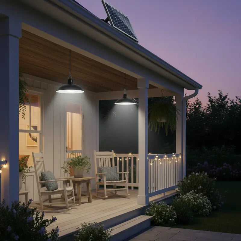 Porch with outdoor lighting, solar panel, and string lights at dusk.