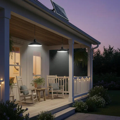 Porch with outdoor lighting, solar panel, and string lights at dusk.