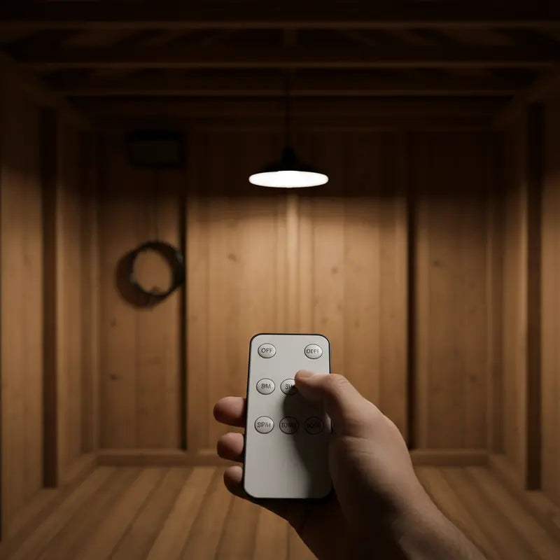 Hand holding a remote control in a dimly lit room with wooden walls.