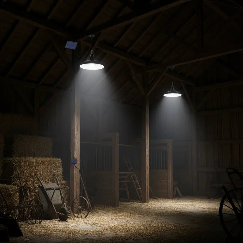 Dark barn interior with hay bales, a wheelbarrow, and wooden crates illuminated by two spotlights.