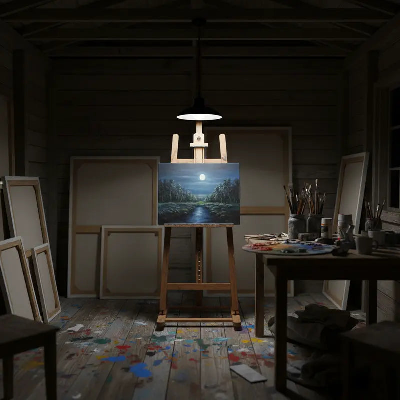 Art studio with easel displaying a landscape painting, surrounded by canvases and art supplies.