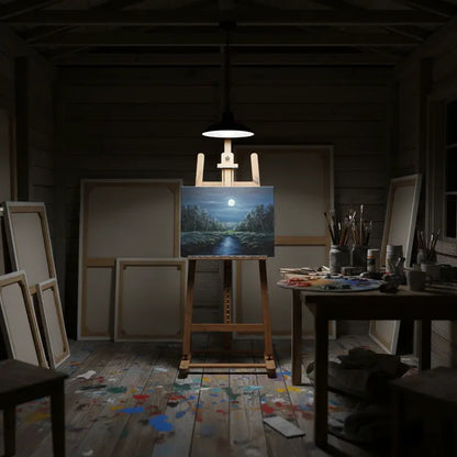 Art studio with easel displaying a landscape painting, surrounded by canvases and art supplies.