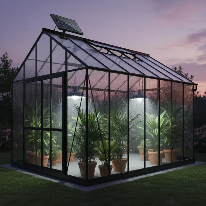 Greenhouse with plants inside and a solar panel on top during twilight.
