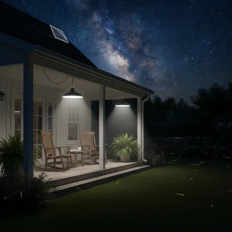 Porch with chairs under a starry night sky