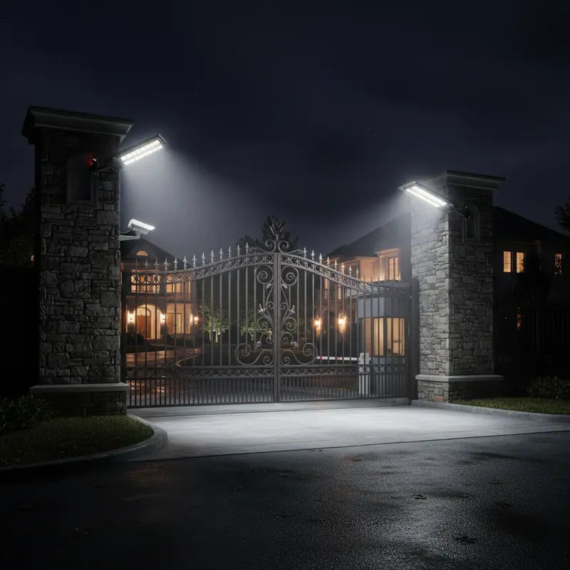 Elegant driveway entrance with a large gate at night, illuminated by streetlights.