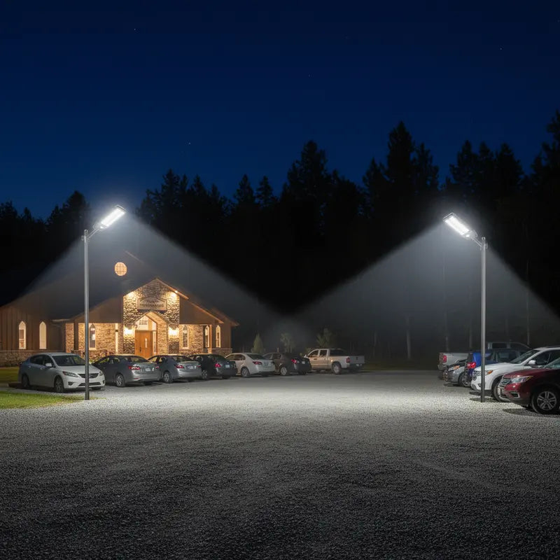 Parking lot with cars and a building at night under streetlights.