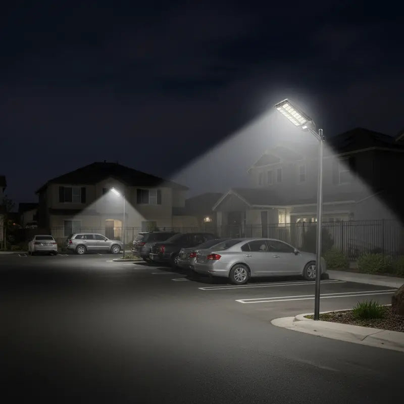Street light illuminating a parking area with cars at night