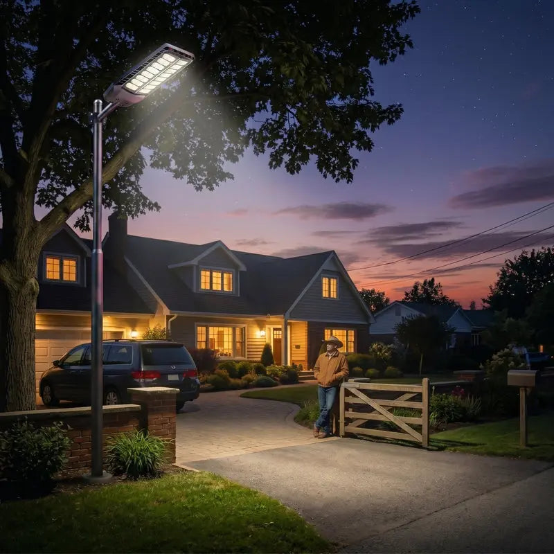 Street light illuminating a residential driveway at night with a house in the background.