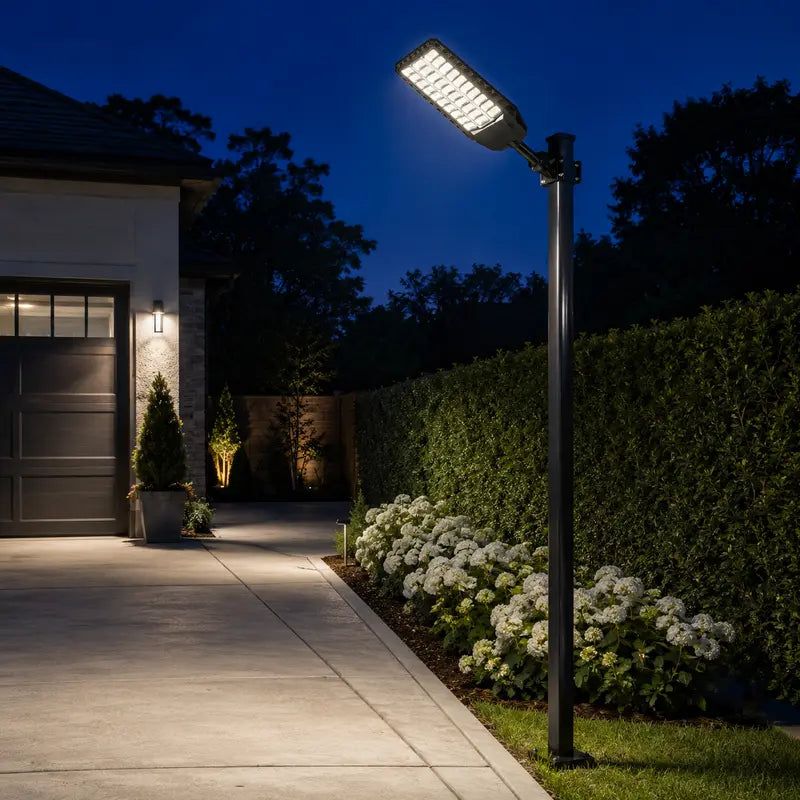 Outdoor streetlight illuminating a driveway and garden at night
