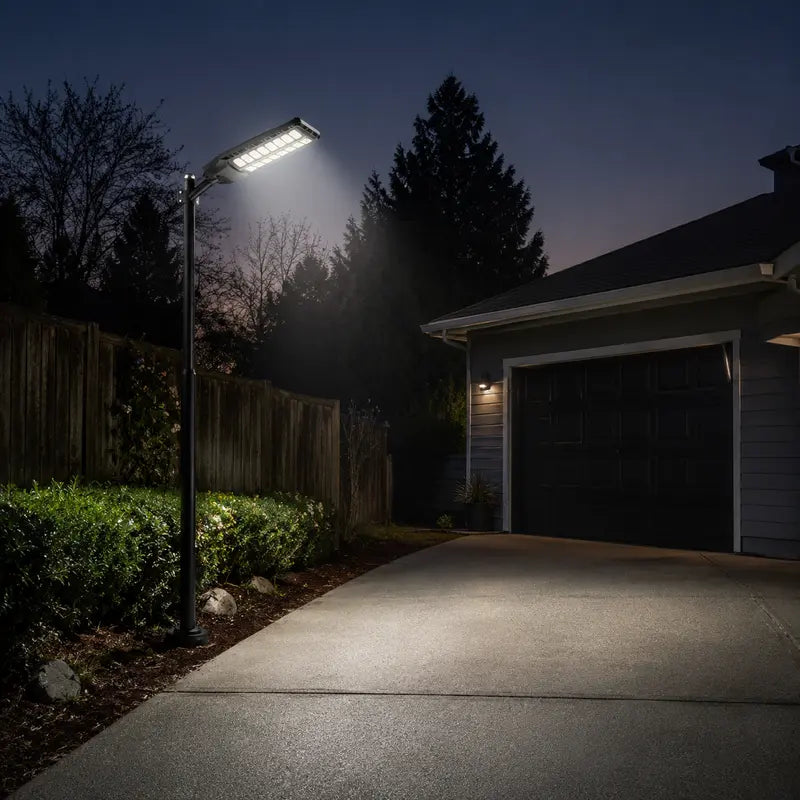 Street light illuminating a driveway at night with a house in the background