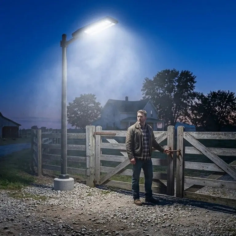 Man standing next to a wooden gate with a streetlight illuminating the area at night.