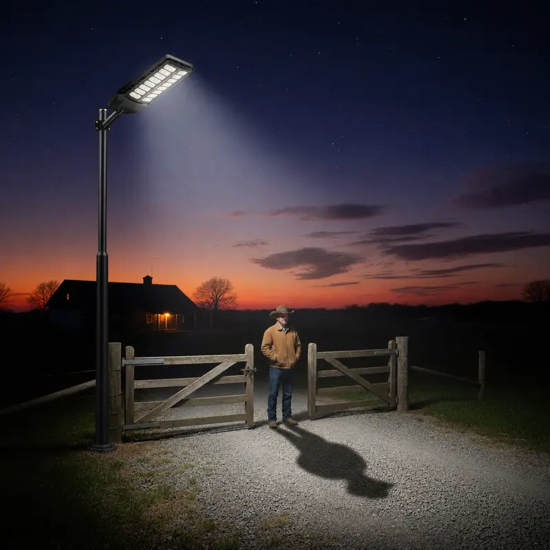 Person standing near a wooden gate with a street light illuminating the area at night.