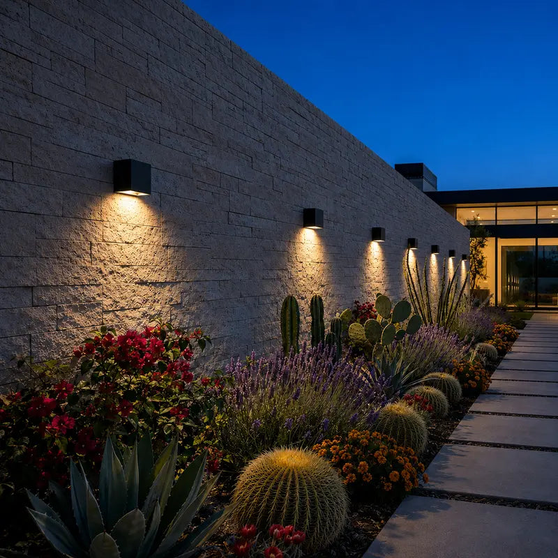 Modern outdoor setting with a stone wall, pathway, and well-lit garden at night.