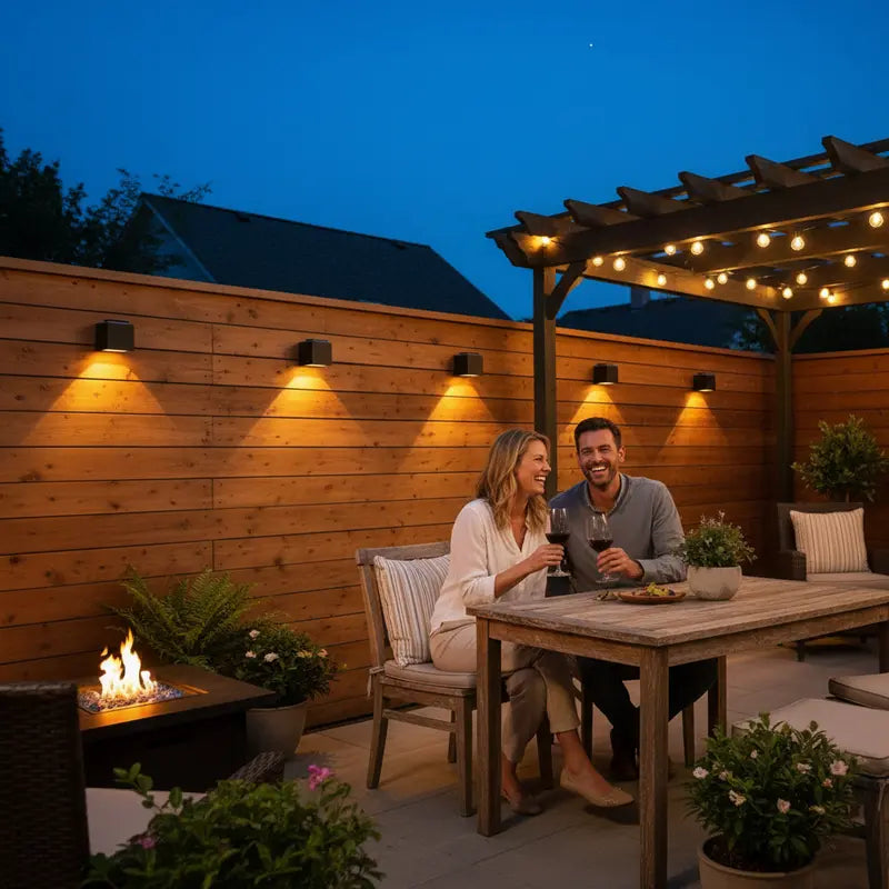Couple enjoying a meal together on a patio with string lights and a fire pit.