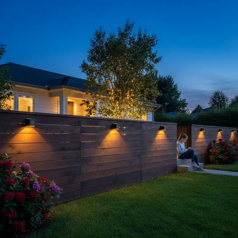 Person sitting on a garden bench by a wooden fence with outdoor lighting at night.