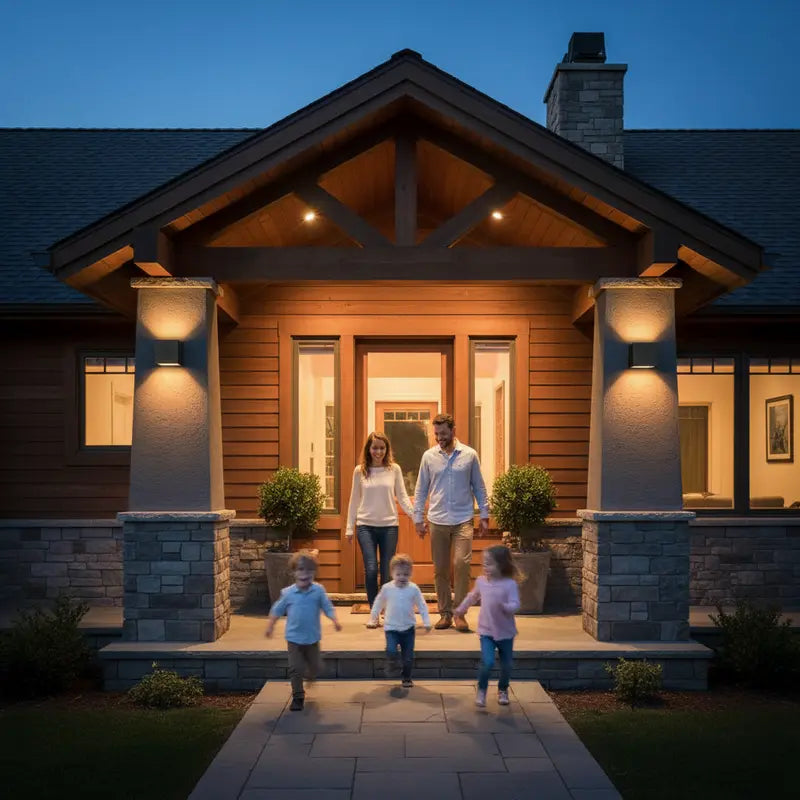 Family standing on a stone pathway in front of a warmly lit house at night.