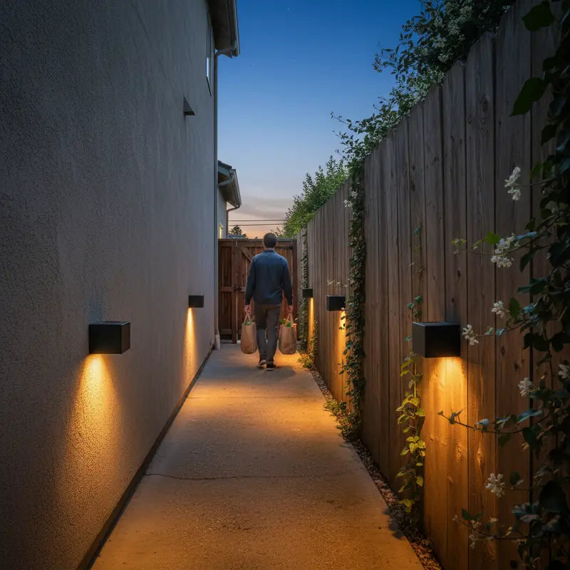 Person walking down a dimly lit pathway with wall lights on either side.