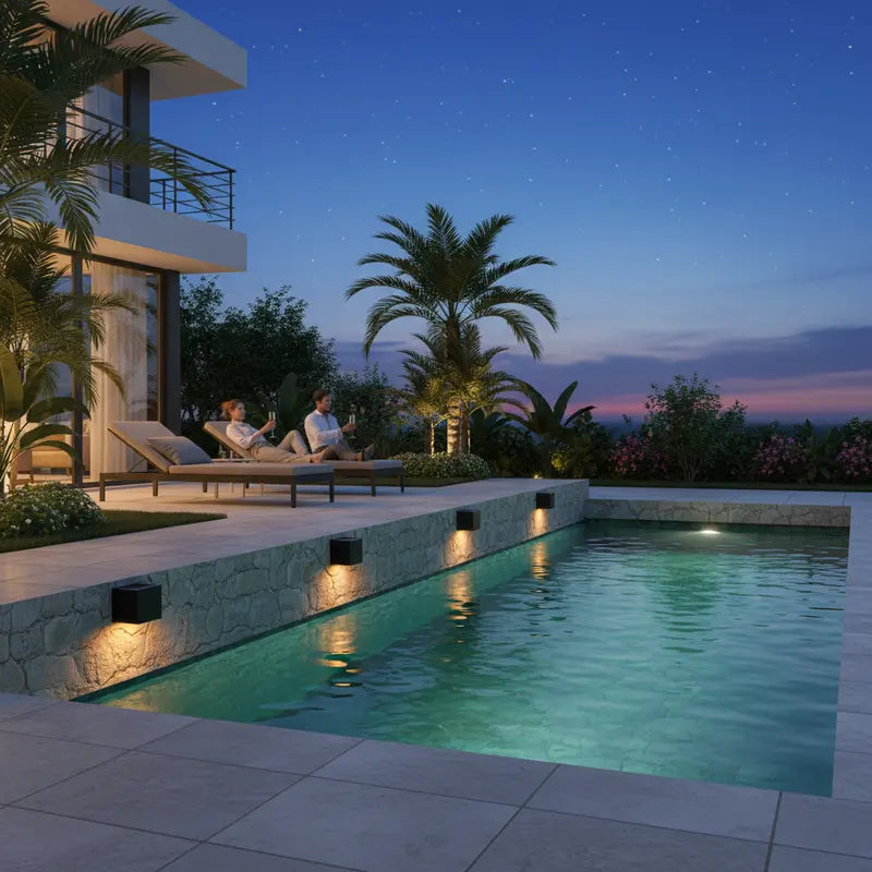 Two people sitting by a pool at night with palm trees and a building in the background.