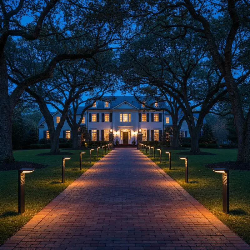 Stately home at night with a well-lit pathway